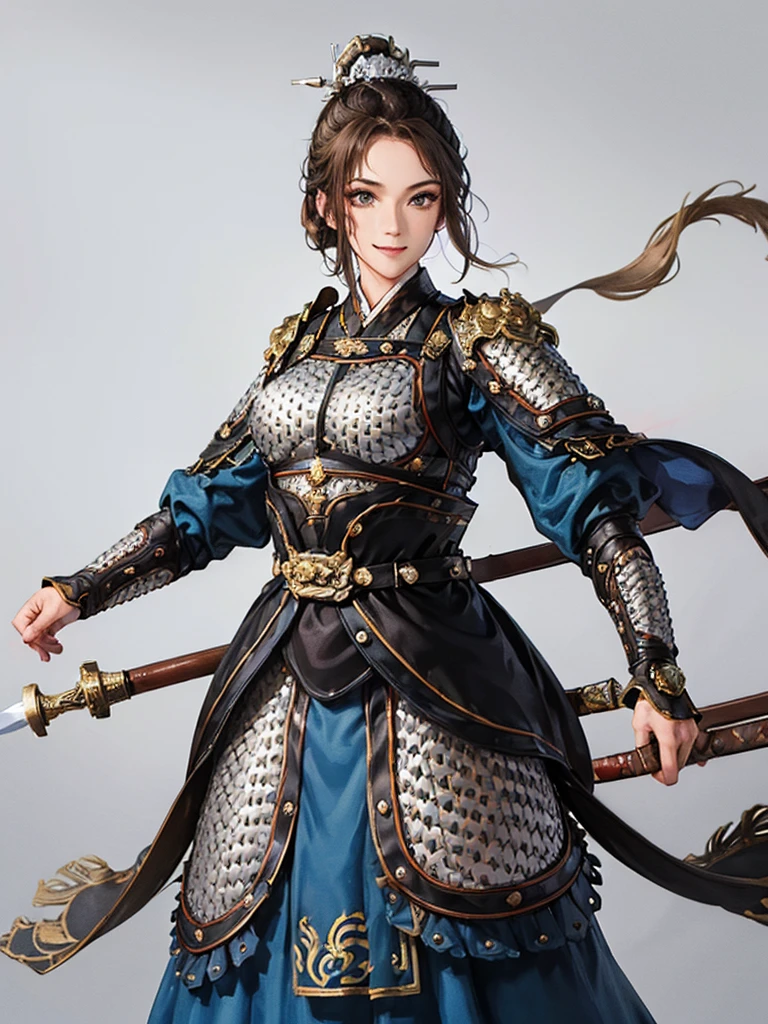 (no background:1.4), (cowboy shot), best quality, masterpiece, Solo, detailed beautiful girl, ancient Chinese armor, large breasts, silver armor, white cloth, short hair, brown hair, fascinator, smile, cheerful, holding sword