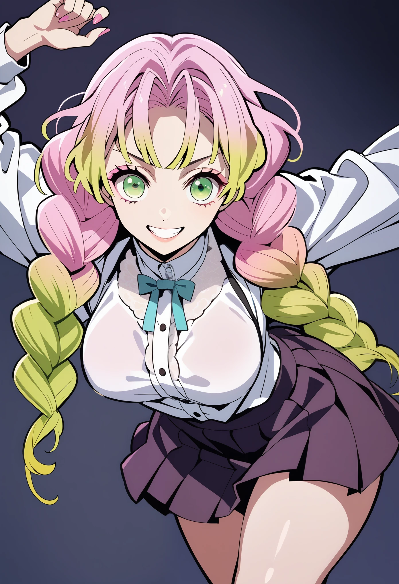 score_9, score_8_up, score_7_up, sfw, (Demon Slayer, kimetsu no yaiba style), KMitsuriV4XL, (1girl, solo), (gradient hair, pink hair, light green hair, shiny hair), green eyes, glossy skin, (tucked flared lace blouse, blue ribbon tie), short pleated skirt, dancing, smile, looking at viewer