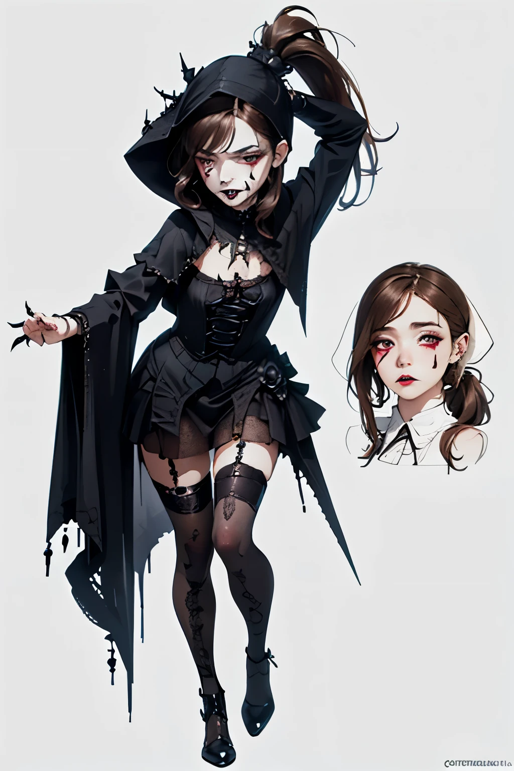 ((best quality)), ((masterpiece)), (detailed), perfect face, hand drawn style, hand painted style, watercolour, sketch, a knight, white background, plain background, Bloodborne inspired, tatty Bloodborne attire, occult aesthetic, occult, tatty red and white clothing detailed and intricate steampunk and detailed gothic ta (with a hood), long coat, (thigh high flared socks), Complex laced boots, Fluttering lace flared long knee length dress with frilly petticoats, long dress, knee length dress, pleated petticoats, loliress, petticoats gothic lolita aetic, small breasts, (flat chest:1.1), (((( Highly detailed face))), small thin nose, Small thin lips mouth, (((Very sharp focused eyes))), very long eyelashes, ((dark hair)), ((ponytail, thick ponytail, heavy ponytail)), white background, Very dramatic and cinematic lighting, tatty damaged old red and white clothing, full body, whole body, body, cosmic horror, grim dark, (Gothic Horror:1.7)