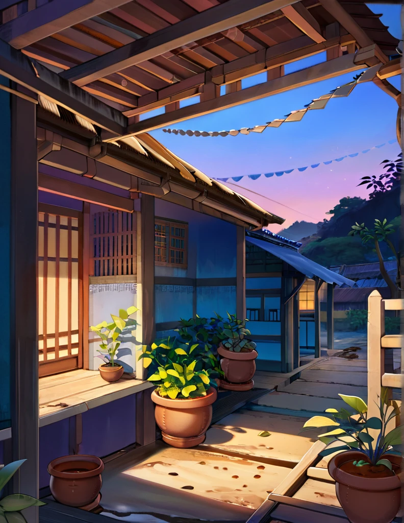 wide view, indian hut, cracked walls, blue faded paint, stairs, banyan tree outside, blue pinkish sky, evening time, earthy tones, clothes hanging on wire, windy, plant pots outside, old broken small gate, mud verandah, shed, cozy atmosphere, micro landscape, intrinsic details, masterpiece