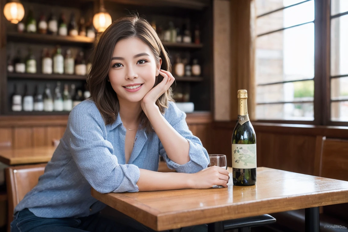 ((Highest quality、8k、masterpiece:1.3))、(Realistic, Intricate details:1.2),Japanese sake、Sake Glass、 Japanese food、Buckwheat、Japanese sake、Shochu 、Amazing view of the sunset sky and clouds、A bright smile、The wonderfulness of smiles、Bright image、Beautiful Face, blue eyes, The light shines on your face, blush, short hair,Bright Face、 (Age 37), Age 34, sparkling wine、Two beauties、Brown Hair、Shortcuts、Long sleeve shirt、dress、Beautiful woman 1, (Slim face), (The body is スリム), (Brown Hair), (Shortcuts), cheeks turn a little red,Attractive beauty、restaurant
