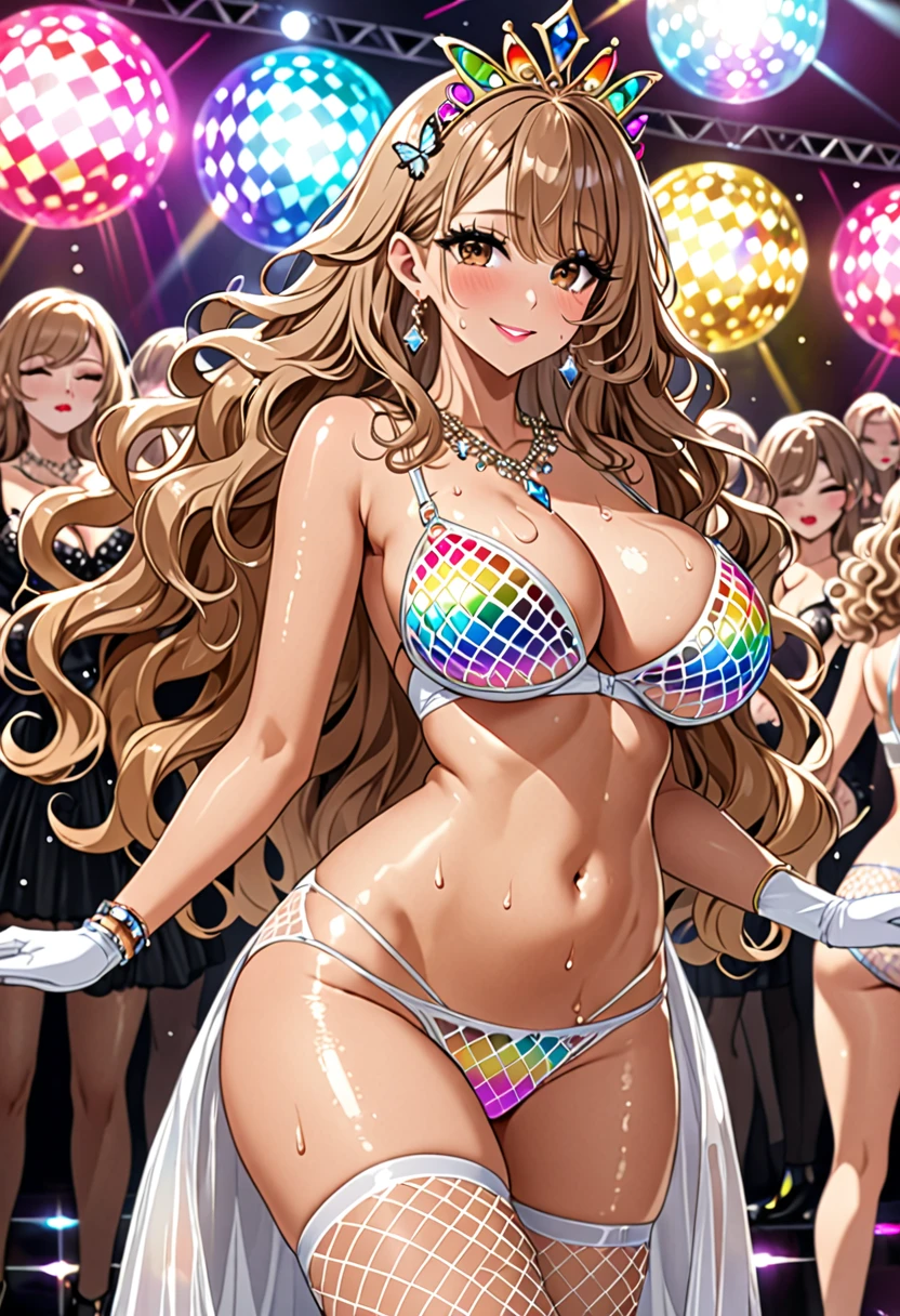 (Highest quality, Ultra-high resolution、The most complex and detailed depiction、masterpiece、8k, RAW Photos, Best image quality、Very detailedな顔、Attention to detail、Beautiful woman、Realistic、photo-Realistic、Very detailed, Beautiful attention to detail:1.5),(One adult woman:1.3)、(blush)、(Gal-style makeup、mascara 、eyeshadow、Dark eyeliner、Long and beautiful eyelashes、False eyelashes、double eyelid、heavy makeup、hostess、Brown eyes、:1.5)，(A bra with a pale rainbow gradient butterfly pattern、Light rainbow gradient butterfly pattern panties:1.5)、Gorgeous jeweled necklace、Gold bracelet、A gorgeous gold tiara studded with jewels、Sheer white lace dress、Mesh fabric、White fishnet stockings,White opera gloves、(A seductive smile),(under boob、Huge breasts)、(Cleavage:1.2)、(((Light brown hair、Wavy Hair、Long Hair)))、elongated nose、Face with gills、(Very tanned and shiny skin、Perfect Style)、Saggy breasts、Large saggy breasts、((Sweat、Your body is wet))、((Dim Club、pole dance、audience))、(Mirror ball)、Sleepy face