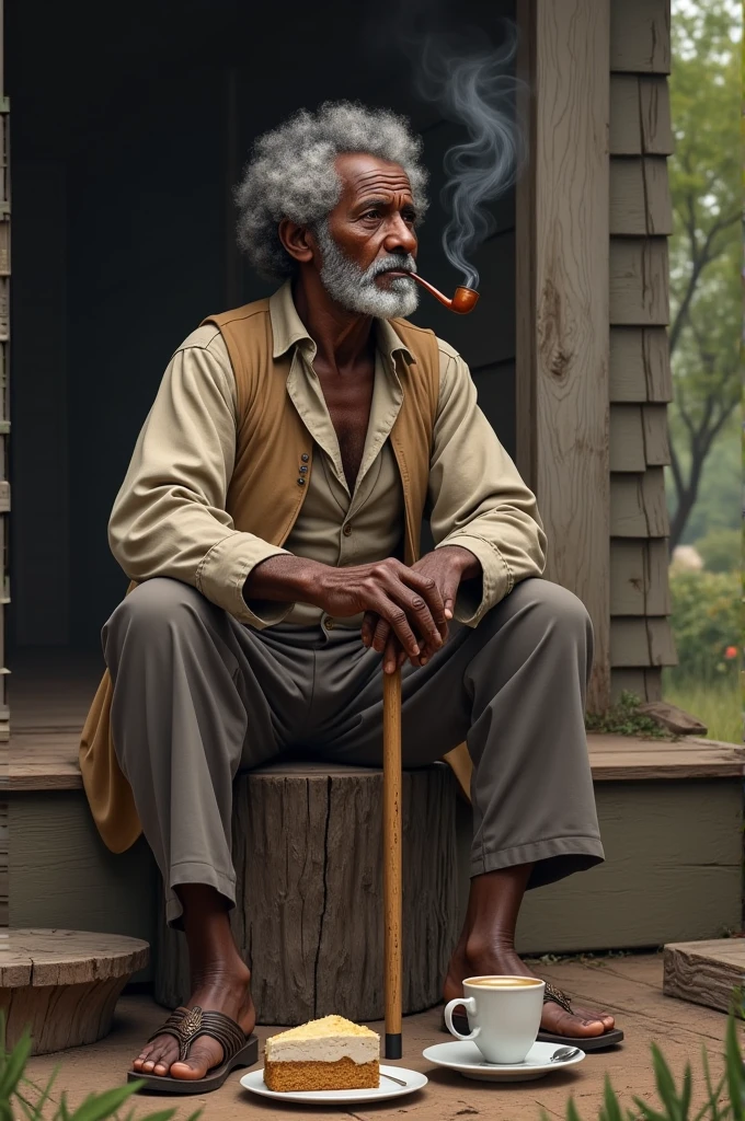 A man of advanced age, at least 75 years old, black with curly hair and white skin, sitting on a tree stump with his straw hat, this man lived as a slave and was freed, he has a cane and wears period clothing, In one hand he holds his cane resting on the ground and in the other he holds his pipe, Between his feet there is a plate with a cup of coffee and a cake, He is on the porch of his wooden house