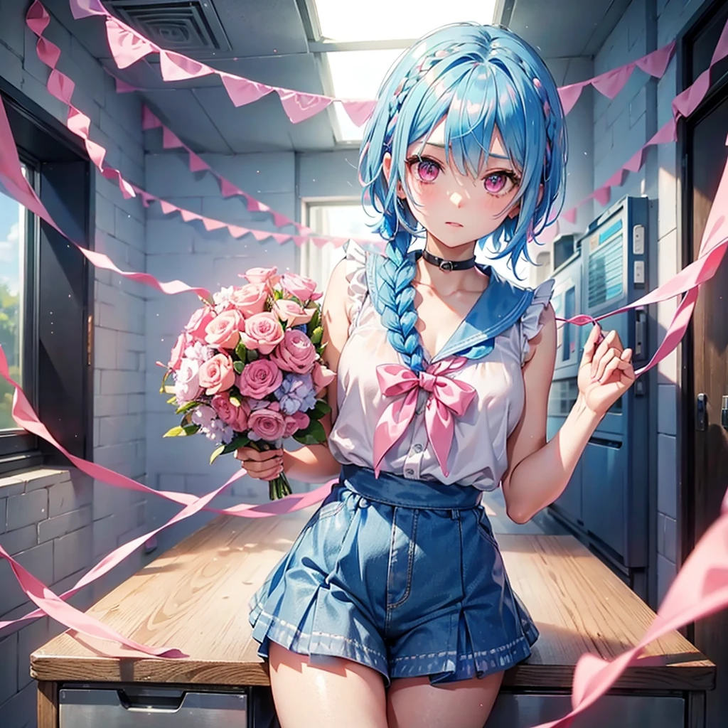 (Sky blue hair),(Braided Short Hair), (Pink Eyes),Fair skin) ,(whole body),(one person's),(Embarrassing),(The background is a school classroom),(Heart lettering written on a blackboard),(Heart-shaped chocolate),(I will pass it forward with both hands.),(Sailor suit),(Valentine's Day),(masterpiece, Highest quality, Very detailed, Best Shadow), (Detailed Background), (Beautifully detailed face), High Contrast, (Best lighting, Very delicate and beautiful), ((Cinematic Light)), Hyper Detail,8k, Dramatic Light, Intricate details,high quality intelligence