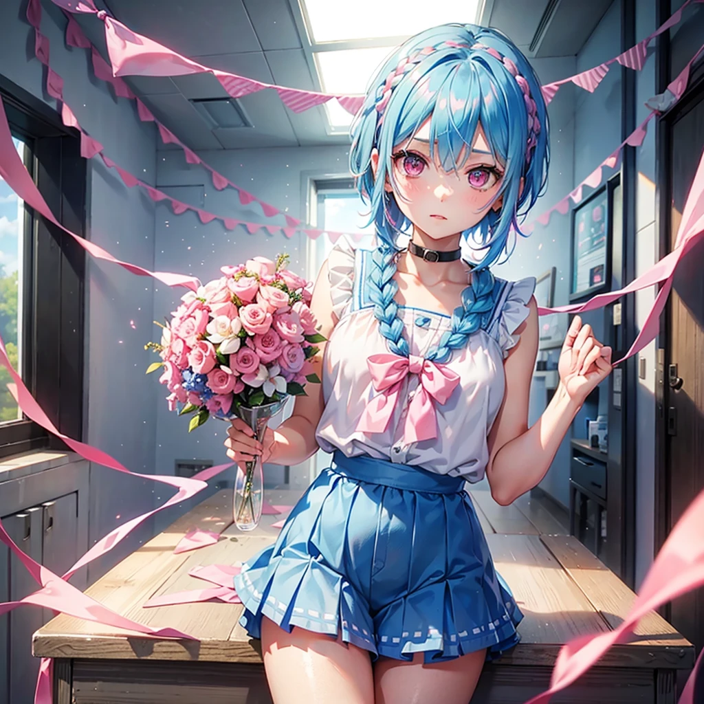(Sky blue hair),(Braided Short Hair), (Pink Eyes),Fair skin) ,(whole body),(one person's),(Embarrassing),(The background is a school classroom),(Heart lettering written on a blackboard),(Heart-shaped chocolate),(I will pass it forward with both hands.),(Sailor suit),(Valentine's Day),(masterpiece, Highest quality, Very detailed, Best Shadow), (Detailed Background), (Beautifully detailed face), High Contrast, (Best lighting, Very delicate and beautiful), ((Cinematic Light)), Hyper Detail,8k, Dramatic Light, Intricate details,high quality intelligence