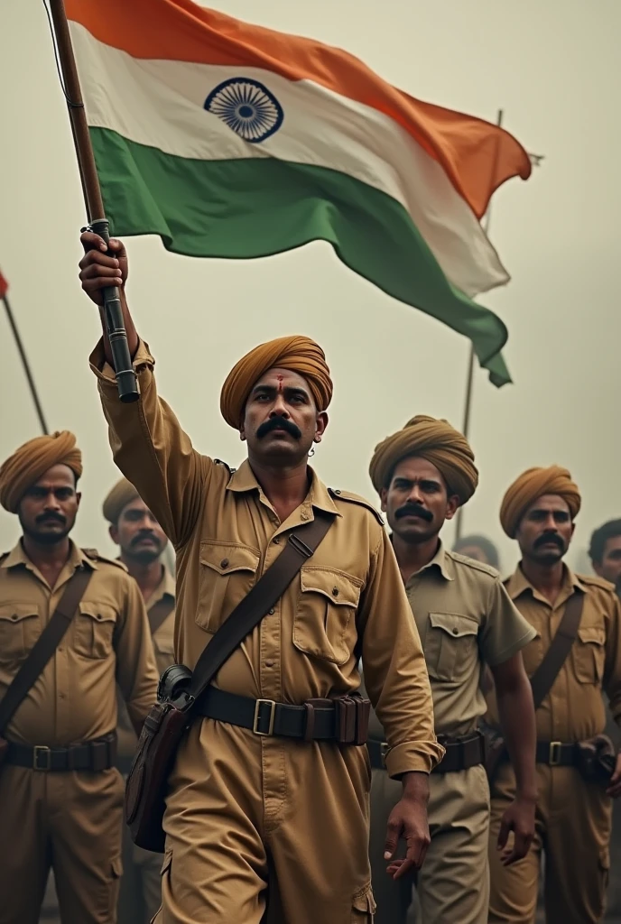 Make a photo of  freedom fighters standing in frame like bhagat Singh with mousche on face with Chandra Shekhar Azad hanging a gun in his hand and giving tribute to triranga national flag of India 