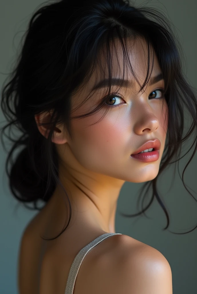 femme avec visage réaliste, Fille incroyablement belle, Cheveux noirs et brillants, Profondeur de la bordure écrite, Une haute résolution, Super détaillé, yeux et visage extrêmement détaillés,, Éclairage de cinéma, cheveux soyeux réaliste , fille de profil avec cheveux dans le vent