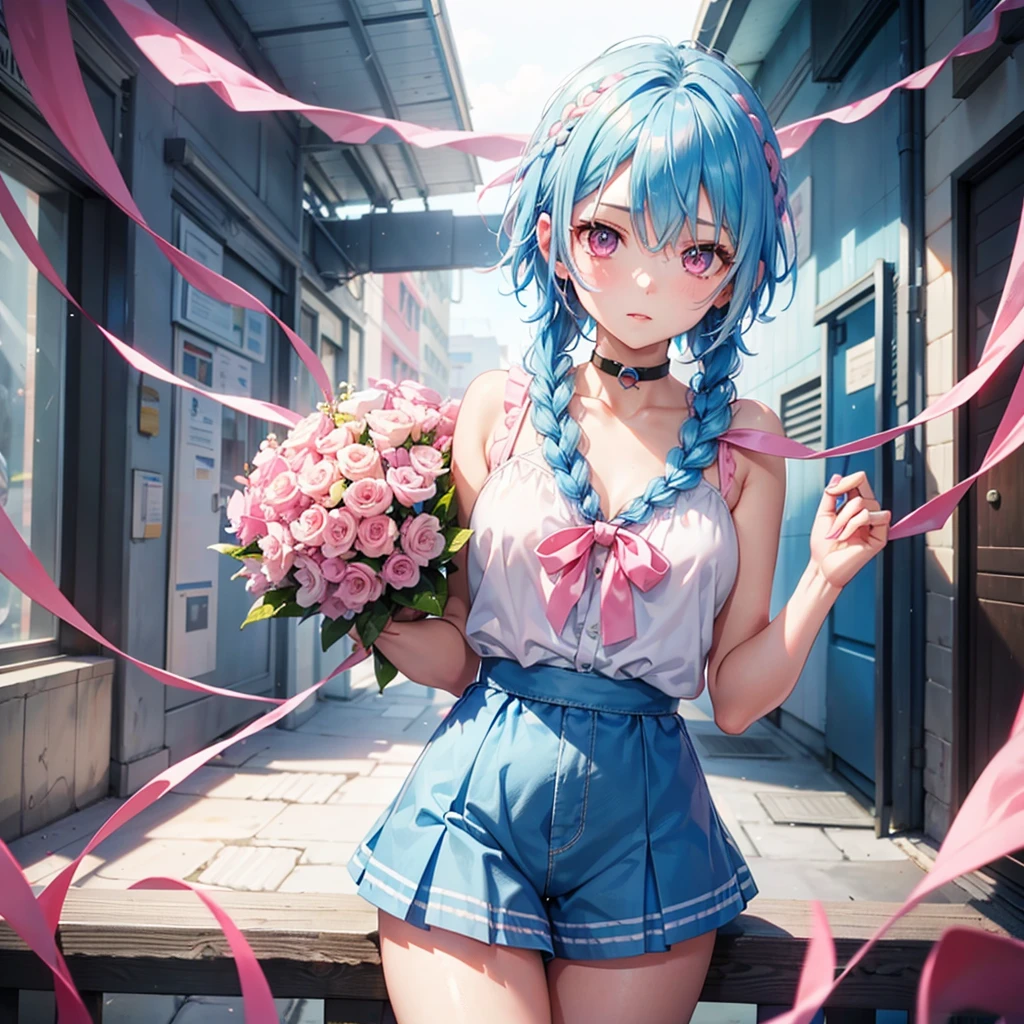 (Sky blue hair),(Braided Short Hair), (Pink Eyes),Fair skin) ,(whole body),(one person's),(Embarrassing),(The background is a school classroom),(Heart lettering written on a blackboard),(Heart-shaped chocolate),(I will pass it forward with both hands.),(Sailor suit),(Valentine's Day),(masterpiece, Highest quality, Very detailed, Best Shadow), (Detailed Background), (Beautifully detailed face), High Contrast, (Best lighting, Very delicate and beautiful), ((Cinematic Light)), Hyper Detail,8k, Dramatic Light, Intricate details,high quality intelligence