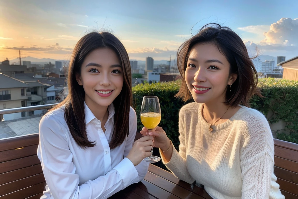 ((Highest quality、8k、masterpiece:1.3))、Izakaya、Japanese sake、Slim Couple、Model Couple、(Realistic, Intricate details:1.2), Japanese sake、One liter bottle、Japanese food、Buckwheat、Japanese sake、Shochu 、Amazing view of the sunset sky and clouds、A bright smile、The wonderfulness of smiles、Bright image、Beautiful Face, blue eyes, The light shines on your face, blush, short hair,Bright Face、 (Age 37), 39 years old, Brown Hair、Shortcuts、Long sleeve shirt、dress、Beautiful woman