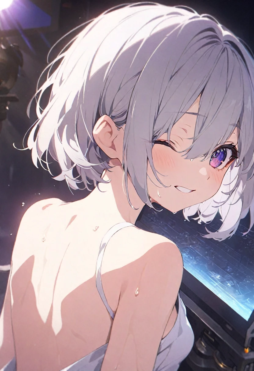 (musterpiece), (best quality), (score_9, score_8_up, score_7_up), official art, absurdres, highres, ultra-detailed, waifu2x, Collection: Slice of Life, very detailed eyes, expressive eyes, perfect face, very detailed face, highly detailed face, beautiful girl, 8K, (white background), dark intense shadow, Ultra-high resolution, Movie Lighting, (Fuji Color: 1.2) portrait, (clear line illustration:1.2), very high resolution, very aesthetic, super detailed skin, Best sexual lighting powered by famous artist, 8k, cute picture, beauty illustration, photoshop_(medium), (Detailed Lighting), best anime 8k wallpaper, 1girl, vtuber style, cool girl, hololive, vtuber, amane kanata, multicolored hair, grey hair, hair between eyes, purple eyes, sharp eyes, short hair, big T-shirt, small chest, cleavage, cropped shoulders, Navel-baring abs, sweating, sweat, wet body, wet hair, hot, one eye closing, blush, (upper body), from back, look back,