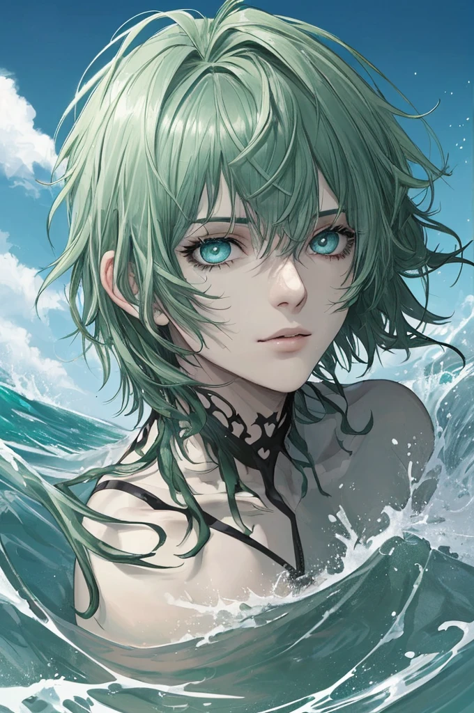 male, green messy wolfcut hair deep ocean eyes, feminine face, small lips, big eyes, shota
