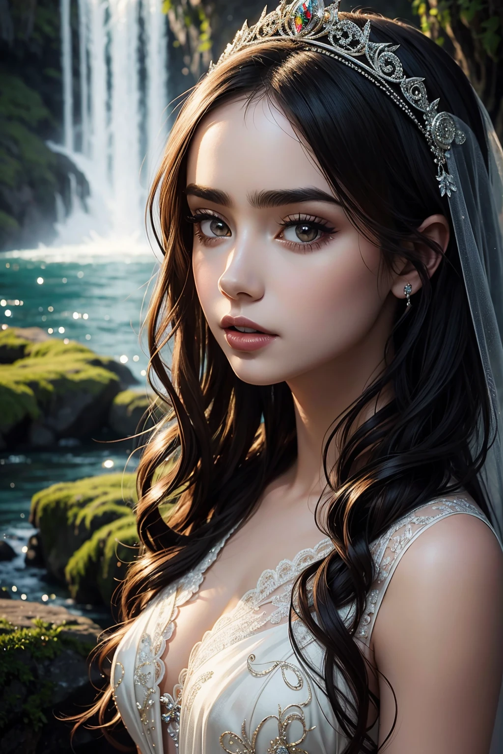 portrait Lily Collins, wearing veil bride tiara costume, against the background of a waterfall, character portrait, 6 3 9 0 s, curly hair, intricate, elegant, highly detailed, digital painting, artstation, concept art, smooth, sharp focus, illustration, art by wlop, charlie bowater and alexandra fomina, 36k, glittering, shining