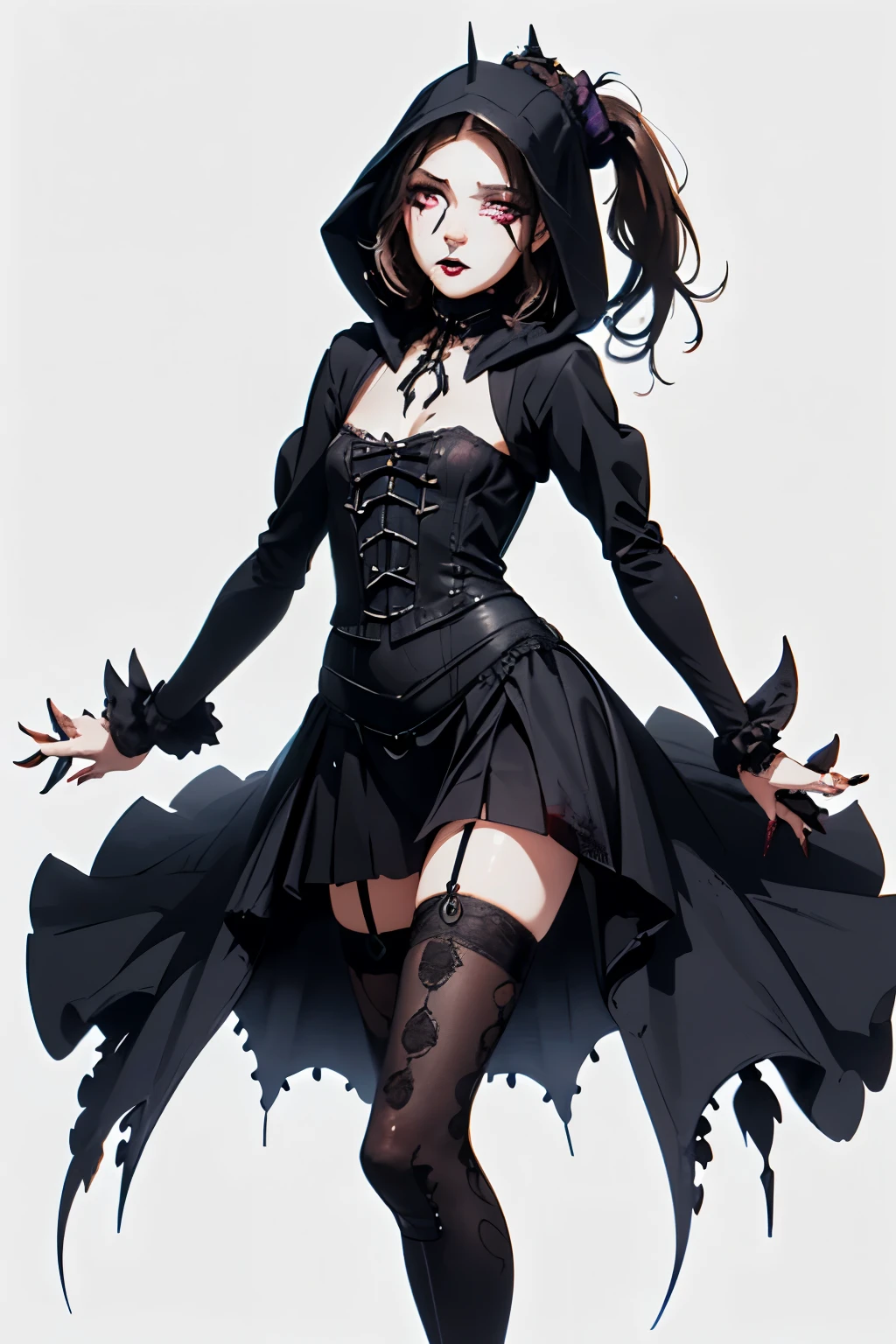 ((best quality)), ((masterpiece)), (detailed), perfect face, hand drawn style, hand painted style, watercolour, sketch, a knight, white background, plain background, Bloodborne inspired, tatty Bloodborne attire, occult aesthetic, occult, tatty red and white clothing detailed and intricate steampunk and detailed gothic ta (with a hood), long coat, (thigh high flared socks), Complex laced boots, Fluttering lace flared long knee length dress with frilly petticoats, long dress, knee length dress, pleated petticoats, loliress, petticoats gothic lolita aetic, small breasts, (flat chest:1.1), (((( Highly detailed face))), small thin nose, Small thin lips mouth, (((Very sharp focused eyes))), very long eyelashes, ((dark hair)), ((ponytail, thick ponytail, heavy ponytail)), white background, Very dramatic and cinematic lighting, tatty damaged old red and white clothing, full body, whole body, body, cosmic horror, grim dark, (Gothic Horror:1.7)