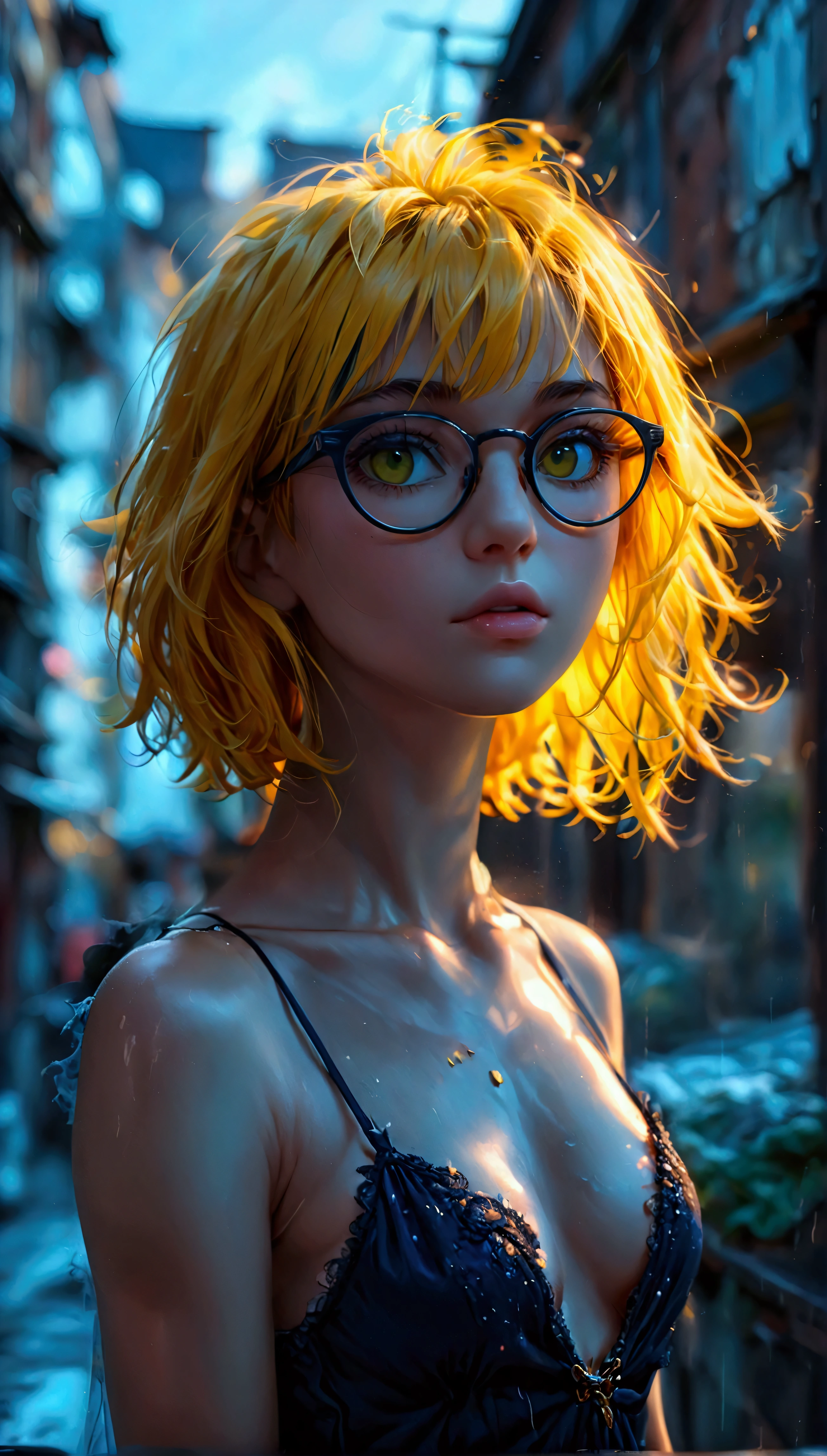 8k, deep realistic shadows, detailed eyes, (full body shot:1.3), (high quality), high detailed background, masterpiece, high detailed face, high detailed finger, young girl, (glasses:1.3), (dark blue hair:1.4), (huge ahoge:1.3), (perfect yellow eyes:1.2), (disheveled lush hair:1.2), (disheveled bob cut:1.3), (skinny body:1.3), slim waist and hips, long fit slender legs, accurate medium breast, nipples trough clothes, (realistic style), tomboys, european girls, cityscape, long dress, sleeveless dress, long v neckline, transparent dress, gloomy girl
