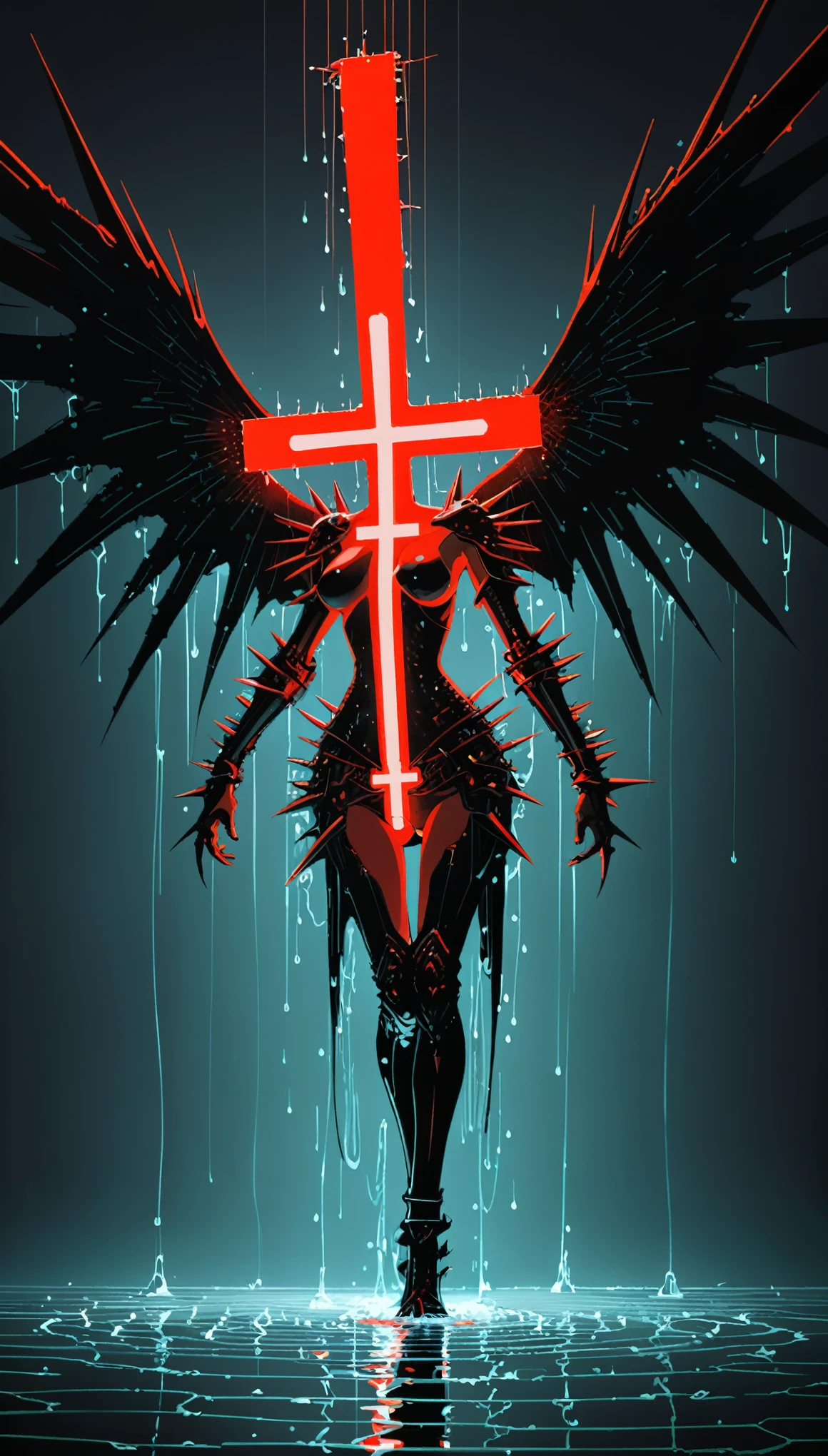 in style of Hans Hartung,in style by Kilian Eng
(1girl,character conceptual design,half body),gravure_pose,red eyes,(oversize black wings on back:1.3),glowing red fluorescent,armor,giant forearm,drops of water,waterline string,(irregular light cross spikes,all eyes know:1.8)