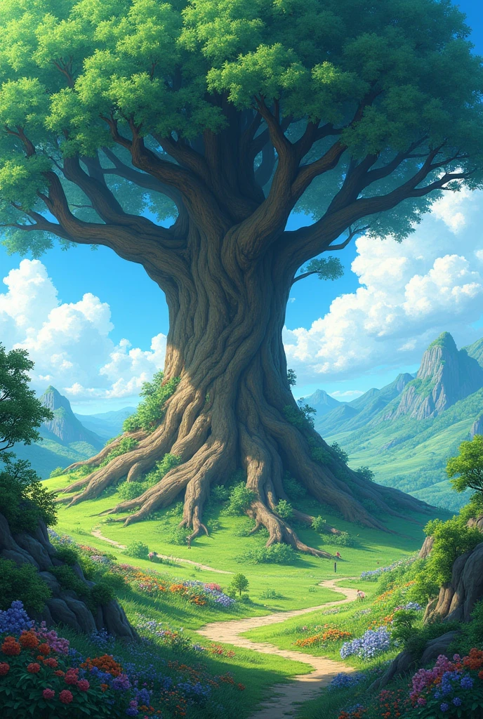 Anime bg land and midal a big tree beautiful bg nature