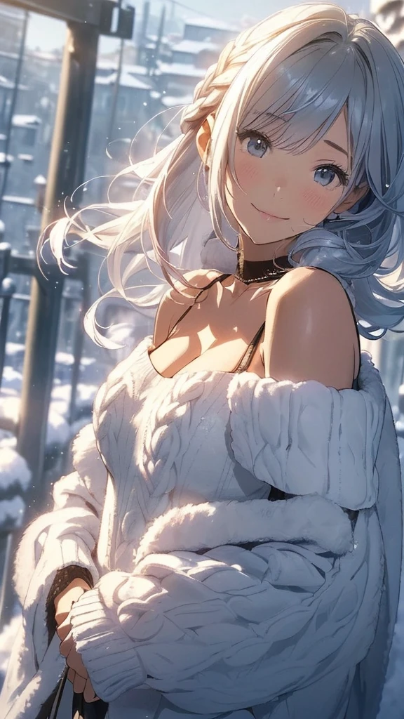(Upper body portrait:1.5)((masterpiece:1.5、、Portraiture、芸術的でVery detailedなCG、Very detailed、Particle Effects、Dynamic Effects、Written boundary depth、Cinematic Light、Lens flare、Ray Tracing、Tabletop、Realistic:1.4、Ultra-high resolution:1.2、Realistic、Realistic))((alone、Off-the-shoulder sweater,Sleeveless,Over an off-the-shoulder knit sweater、Woman in fur coat:1.4、Elegant woman posing:、Detailed face、brightexpression、young, bright, Whiter skin、Small beauty breasts、Beautiful cleavage、Best Looks、Ultimate beauty、Shiny silver hair with highlights、bright and shiny hair,、Modern Hairstyles、Hair dancing in the wind))(morning、The setting is a snowy hill overlooking the ruins.)Accentuate your cleavage
