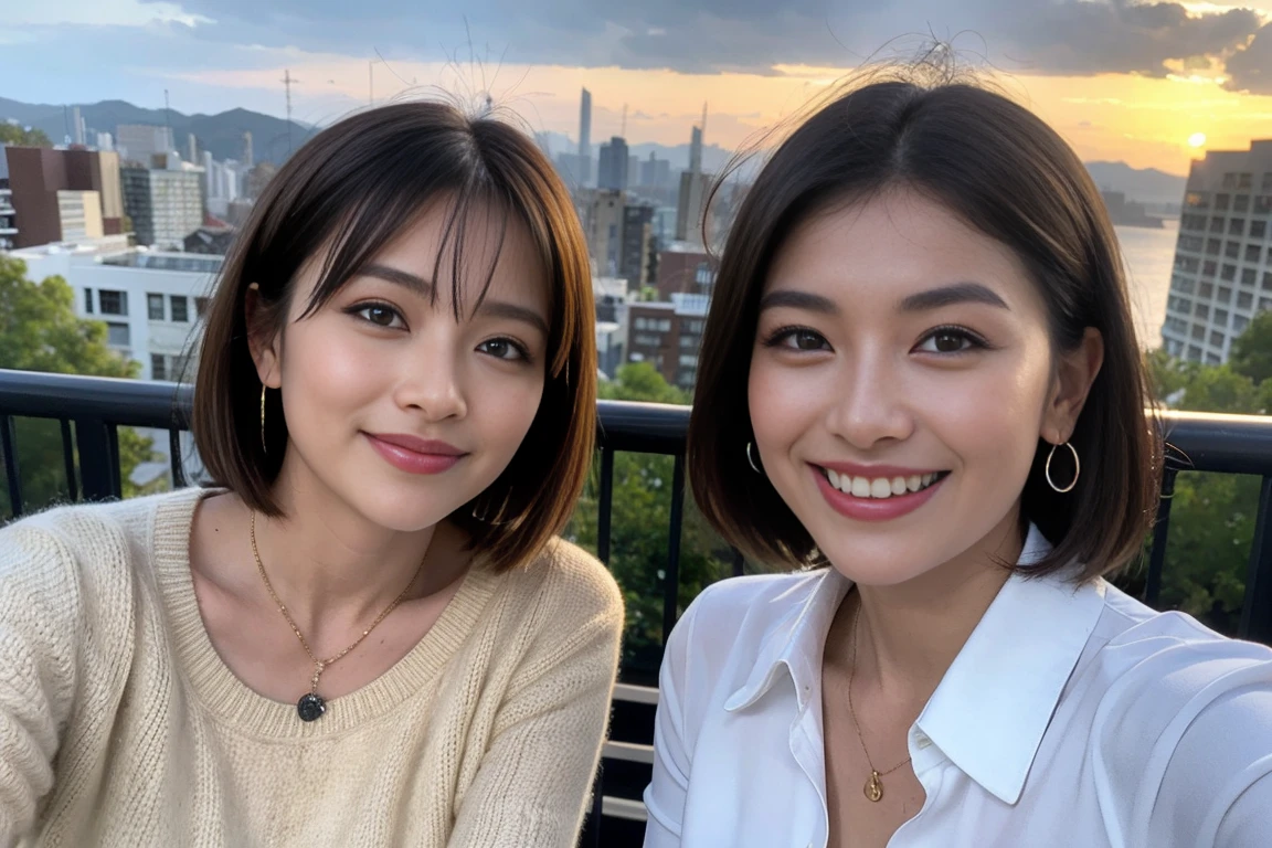 ((Highest quality、8k、masterpiece:1.3))、Izakaya、Japanese sake、Slim Couple、Model Couple、(Realistic, Intricate details:1.2), Japanese sake、One liter bottle、Japanese food、Buckwheat、Japanese sake、Shochu 、Amazing view of the sunset sky and clouds、A bright smile、The wonderfulness of smiles、Bright image、Beautiful Face, blue eyes, The light shines on your face, blush, short hair,Bright Face、 (Age 37), 39 years old, Brown Hair、Shortcuts、Long sleeve shirt、dress、Beautiful woman