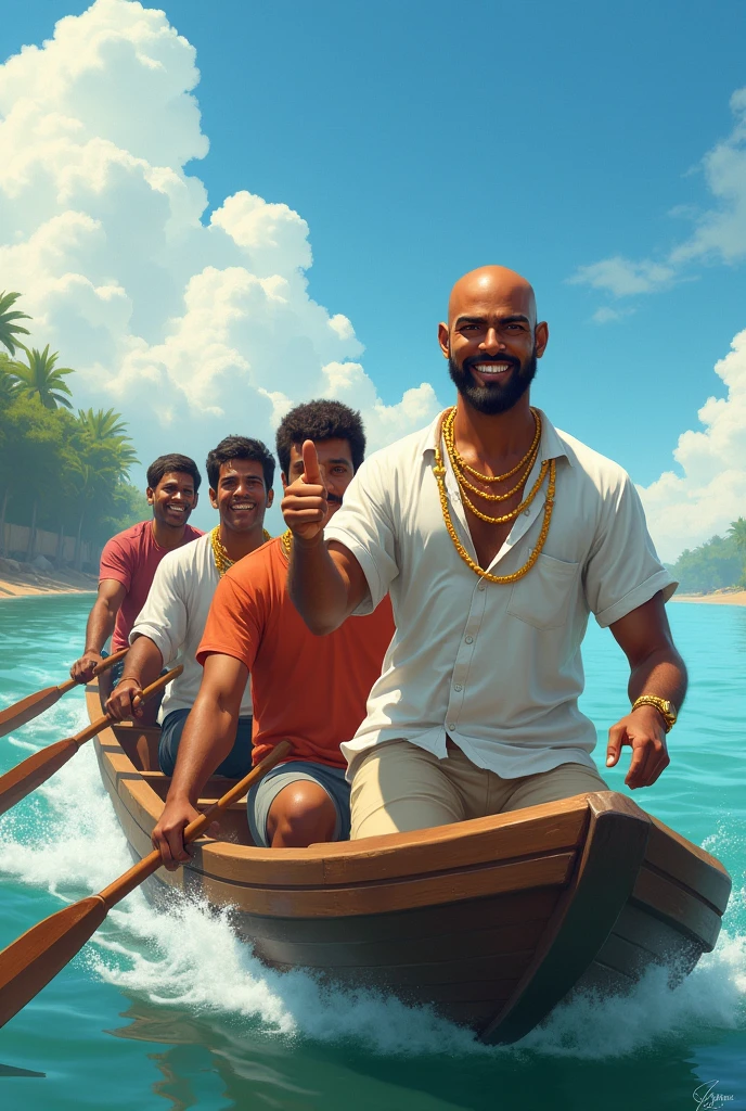 A dynamic scene of five men participating in a Kerala boat race. The main character is standing at the front of a long, traditional wooden boat. He has no facial hair (no beard or mustache), is bald, not muscular, and exudes happiness and energy. He is wearing a white shirt with a golden chain, and he is pointing his finger forward with a confident, joyful expression. The other four men are seated behind him, all wearing t-shirts, rowing with enthusiasm. The boat is long, reflecting the traditional style of Kerala boat races. The scene captures the essence of teamwork, excitement, and the beauty of the water under a bright sky.