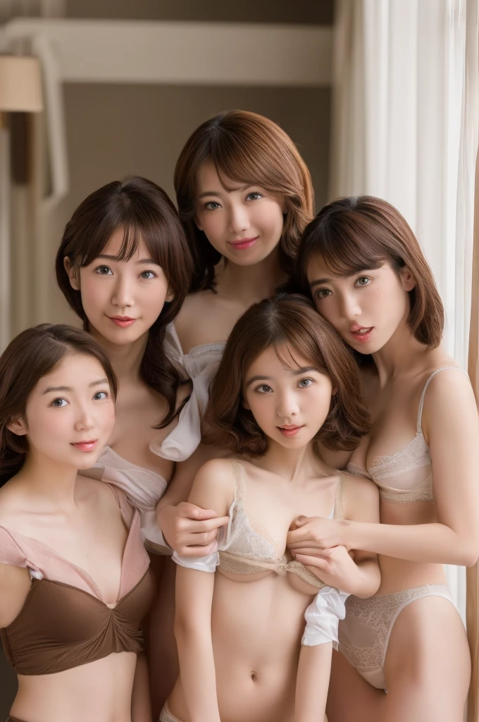 (High resolution, Highest quality, super high quality, Very detailed 、Brown hair short cut、((４Group photo of mothers with tiny small breasts))(Mother's face:1.5、)High-class maid、Hairy pussy orgasm masturbation、Absurd、After the orgy、blush、Bedside、Not wearing breastfeeding underwear、Accurate anatomy)