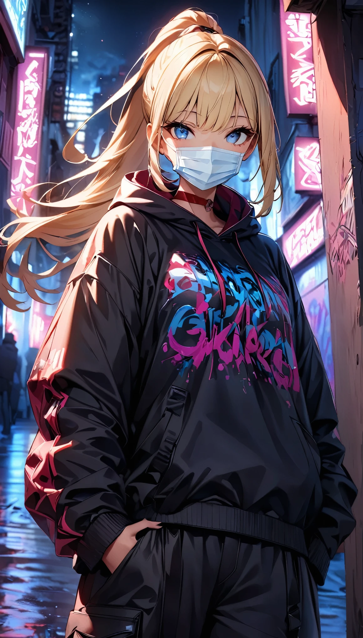 (Highest quality:1.2, Very detailed, up to date, Vibrant, Ultra-high resolution, High Contrast, masterpiece:1.2, Highest quality, Best aesthetics), (((1 person))), Blonde girl, blue eyes, ponytail, at night, surgical maskの着用, (surgical mask:1.2), Colorful hoodies, Black oversized cargo pants, Red choker, 壁一面を埋め尽くしているgraffiti, Posing in front of a wall, crazy smile, Dark Theme, Neon Light, graffiti, at night, city, Dim lighting, mysterious, Glowing Skin, Random Pause:1.2, Perfect Fingers, Five Fingers, Anatomically correct, Background Blur.