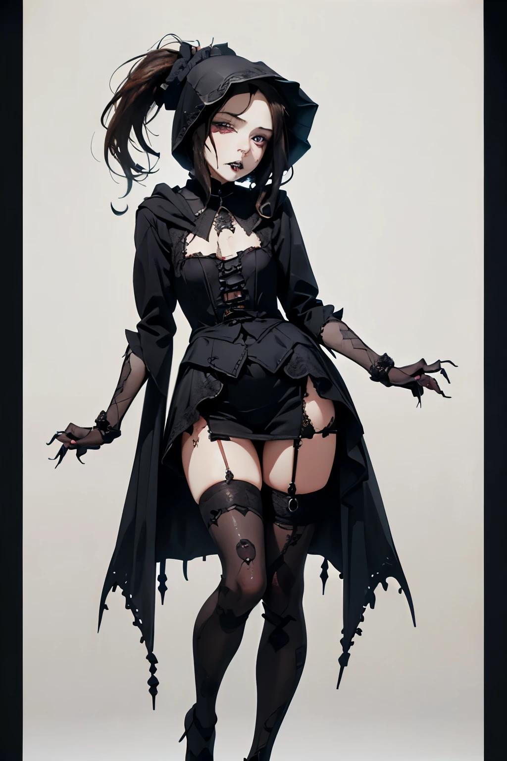 ((best quality)), ((masterpiece)), (detailed), perfect face, hand drawn style, hand painted style, watercolour, sketch, a knight, white background, plain background, Bloodborne inspired, tatty Bloodborne attire, occult aesthetic, occult, tatty red and white clothing detailed and intricate steampunk and detailed gothic lolita (with a hood), long coat, (thigh high flared socks), Complex laced boots, Fluttering lace flared long knee length dress with frilly petticoats, long dress, knee length dress, pleated petticoats, lolita dress, petticoats gothic lolita aesthetic, small breasts, (flat chest:1.1), (((( Highly detailed face))), small thin nose, Small thin lips mouth, (((Very sharp focused eyes))), very long eyelashes, ((dark hair)), ((ponytail, thick ponytail, heavy ponytail)), white background, Very dramatic and cinematic lighting, tatty damaged old red and white clothing, full body, whole body, body, cosmic horror, grim dark, (Gothic Horror:1.7)