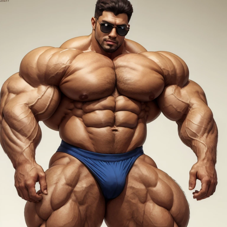 brutalmass, Bulge, vpl, a very handsome young man, sunglasses, shirtless, exaggeratedly muscular, on a white background