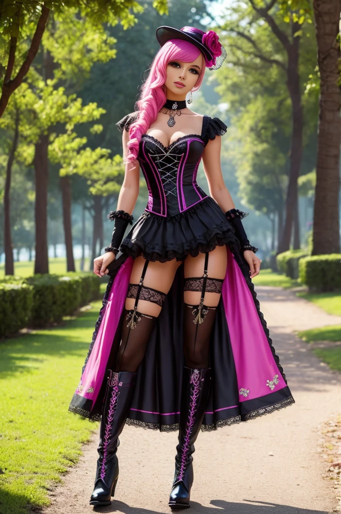 sexy stylish Brazilian model, only 1 female, long neon pink stylish hair, ((shiny Victorian-Style boots)), beautiful smile, ultra detailed eyes, vivid eye makeup, lipgloss, long lashes, defined eyebrows, ((sexy Paradise Kiss cosplay)), bell-shaped skirt, petticoats, high neckline, puffed sleeves, (( ultra detailed lace)), ((ultra detailed embroidery)), intricate details, Paradise Kiss accessoires and matching headpiece, choker, ((large sparkling Paradise Kiss jewelry)), cinematic light, detailed large park background with trees