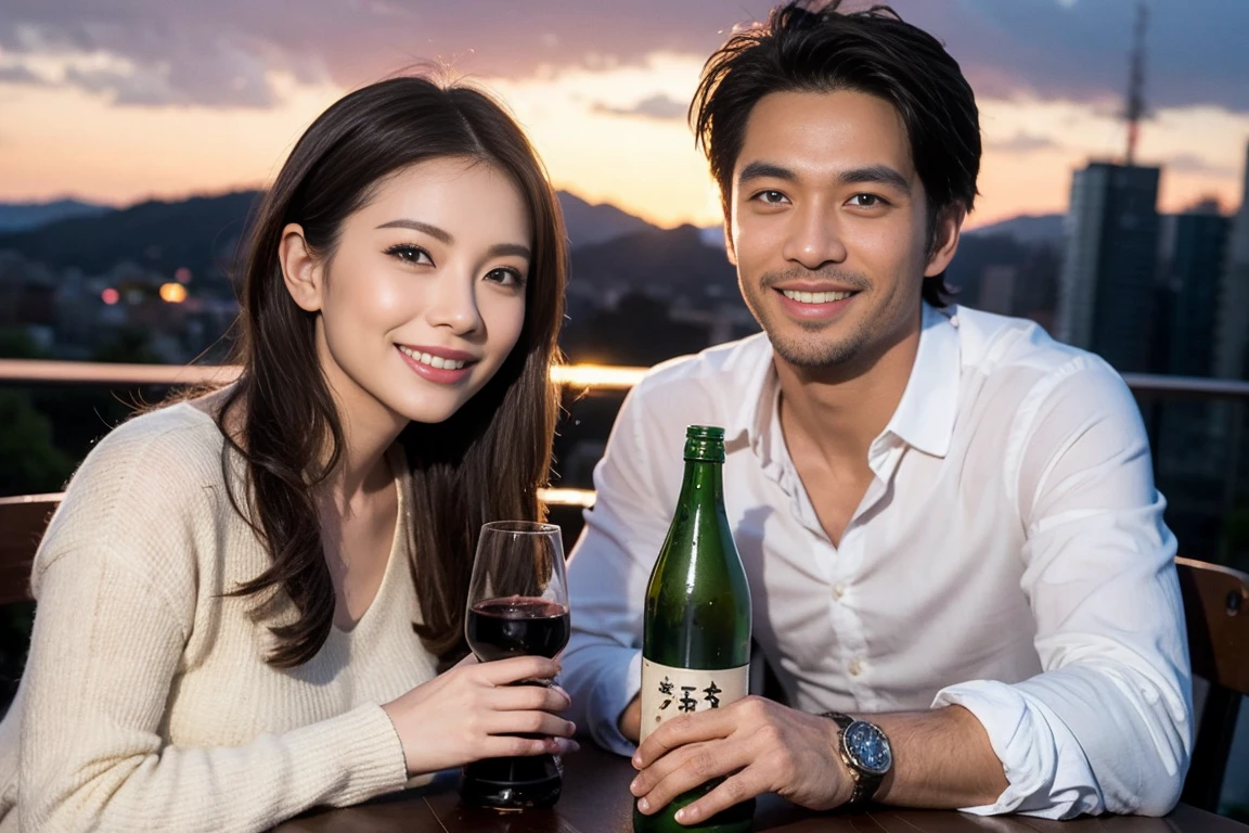 ((Highest quality、8k、masterpiece:1.3))、Izakaya、Japanese sake、Slim couple、Model Couple、(Realistic, Intricate details:1.2), Japanese sake、1 liter bottle、Japanese food、Soba、Japanese sake、Shochu 、Amazing view of the sunset sky and clouds、Bright smile、The beauty of a smile、Bright image、Beautiful Face, blue eyes, The light shines on your face, blush, short hair,Bright Face、 (Age 37), 39 years old, Brown Hair、Shortcuts、Long sleeve shirt、dress、Beautiful woman