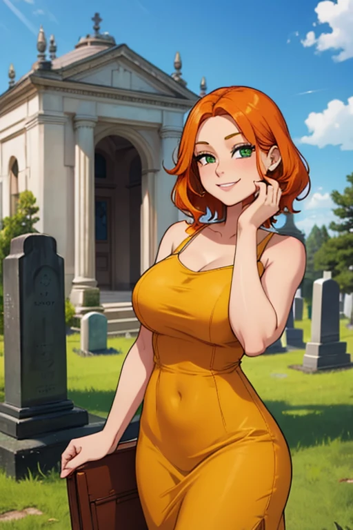 Perfect face. Perfect hands. An orange haired woman with green eyes and an hourglass figure in a cute yellow dress is exploring a mausoleum while smiling in a cemetery