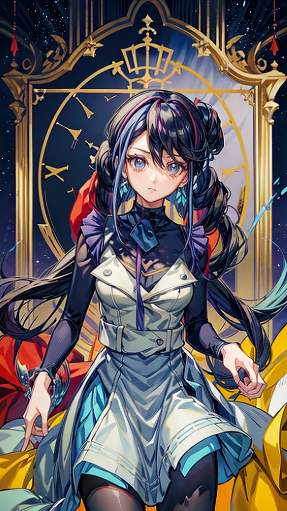 blue hair,girl,Ahoge,long hair,Green eyes,Red V-neck tie-back top,light blue long skirt,earrings,Rosa Kingdom Set,Dark blue pantyhose,Rosa kingdom style,role conception,Character Draft,solo,Character sheet,Ahoge