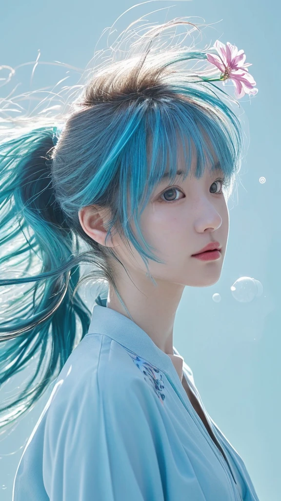 (masterpiece), (Highest quality), (Super detailed),(Disheveled Hair),(figure), (One person), (Fashionable clothes), Are standing, Fashion Model, View your viewers, (interview), (Simple Background),Beautiful attention to detail, Delicate and beautiful face, floating,(High saturation),(Colorful splashes),Colorful Bubbles,(The Shining), Focus on the face,  ponytail, kamisato ayaka, Light blue hair, bangs, Hair Ring, Floating Flowers, Floating hair, (The Shining), Best lighting, Best Shadow,