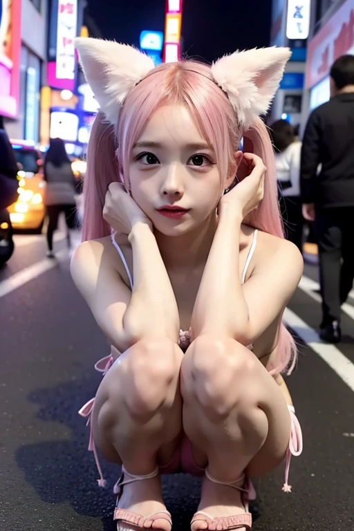 ,((Pink Hair))、((Pink Hair))、((Twin tails))、((Small fox ears))、((Highest quality、8k、masterpiece))、((Landmine Girl))Highest quality、Professional Writing、 Detailed workmanship、High resolution、(8k, High resolution:1.2)、(RAW Photos, Realistic:1.3)、masterpiece、Slim figure、High resolutionの顔、One girl with her face in focus, (A beauty girl, Delicate girl:1.3), (, change:1.3),((On the streets of Kabukicho at night))
break, Browsing Caution, (Pretty bikini:1.3),
break, Definition of Very Fine Particles, (Symmetrical eyes:1.3),
break, (Squat:1.3), (Sandy Beach:1.3),
break, Small breasts, ,
break, (Eye and facial details:1.0),
break, (masterpiece, Highest quality, Very detailed, Detailed face, 8k)、((Angle from below))、