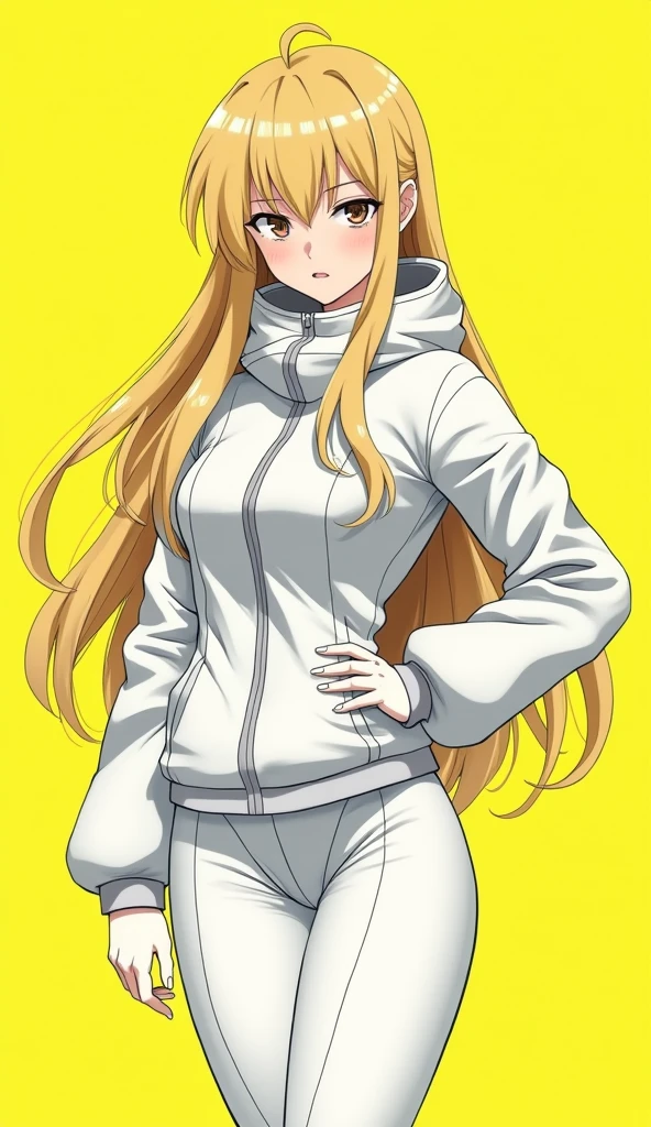 a full body anime style illustration of a woman with blond long hair, in a dynamic pose wearing white techwear outfit in the style of akihiko yoshida, futuristic cyberpunk, inspired by ghost in the shell, 90s manga aesthetic, expressive face, yellow background