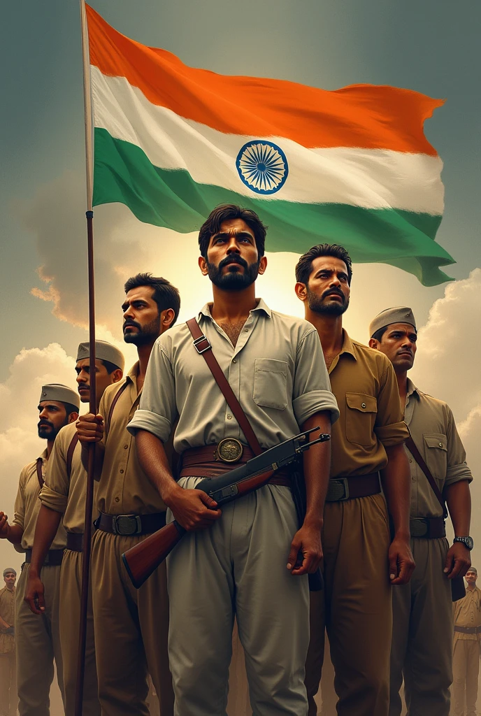 Make a photo of  freedom fighters standing in frame like bhagat Singh with mousche on face with Chandra Shekhar Azad hanging a guns in his hand and giving tribute to triranga national flag of India 