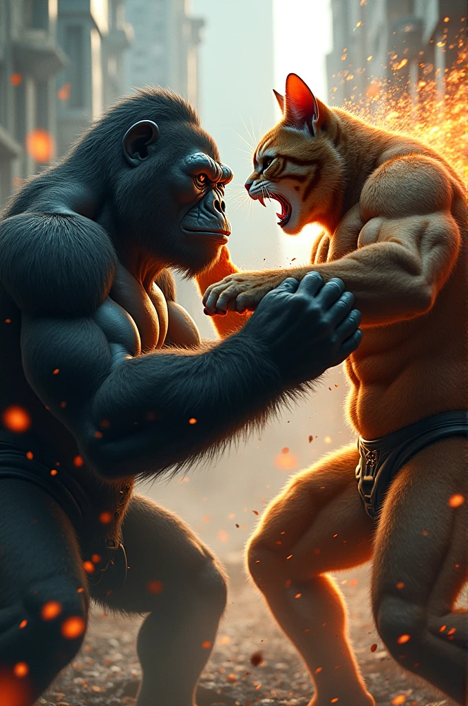 In an action-packed scene, the muscular bodybuilder cat face daddy cat, furious and determined, catches up to the gorilla. He confronts the gorilla with an angry expression, shouting as he delivers a powerful kick to the gorilla's face. The fight is intense, with both figures showing their strength. Pictures look like original and not blurred and not write anything and 4k results.