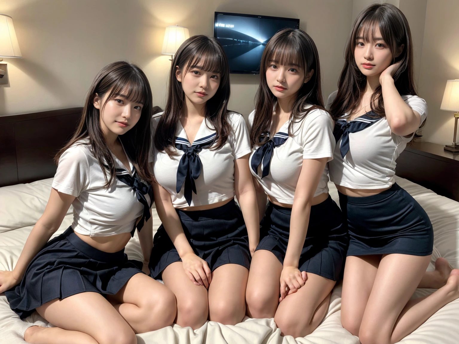 masterpiece, best quality, illustration, Super detailed, fine details, High resolution, 8K,wall paper, perfect dynamic composition,(Details High quality, realistic depiction of eyes:1.3), (3 girls), Black Sailor Uniform, serafuku, Navy pleated skirt, sitting, open legs, short bob hair, in a hotel room in the background, deep on field, large breasts, black hair color, Big Natural Color Lip, (perfect body shape), crying a little、Harajuku style、20 year old girl、cute type、beautiful legs, Gravure Idol