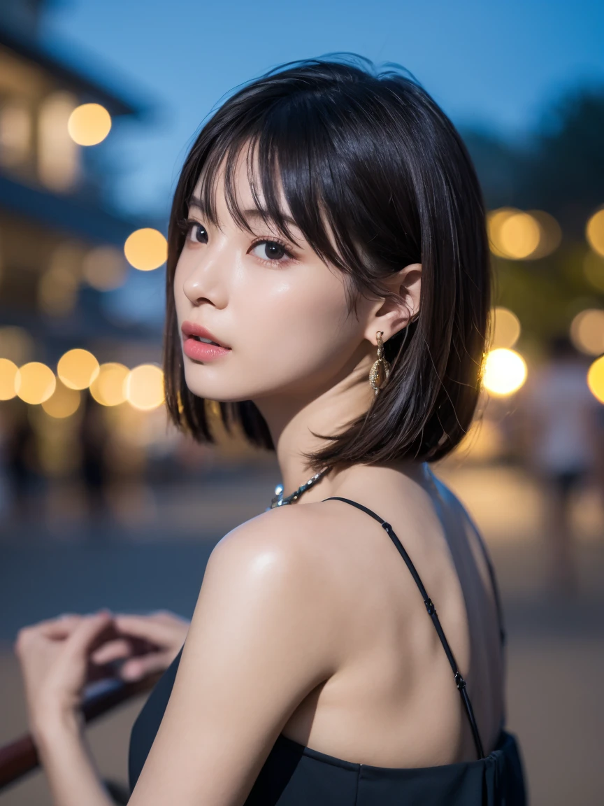 ((Rooftop of a building: 1,3)), ((Goth_punk, alone, Medium Shot, Walking the rooftops of Harajuku, ((night)), Blurry, Neon Light, Rainbow Eyes, Starry Sky, Shiny black hair, White eyebrows, Shiny Hair, (Rainbow black hair), Earring, good, jewelry, Blunt bangs, Busy eyes, Background Blurry, Blurry, hair ornaments, sight, short hair, Portraiture, Side Lock break ((Swedish girl, White skin, White people)),((Women's work suits:1.3)), break (Gal: 1. 1),(Glamour: 1. 3),(night),(Supermodel: 1.3)),break ((earring, ring)), Cowboy Shot,((Tall people)),((Android)),((Look Up)),((Top Angle:1. 3)), From above, looking at the camera,((Event Companion)),((Thin see -through)) Tight-fitting underwear with straps))、Hip、Butt、bend、
