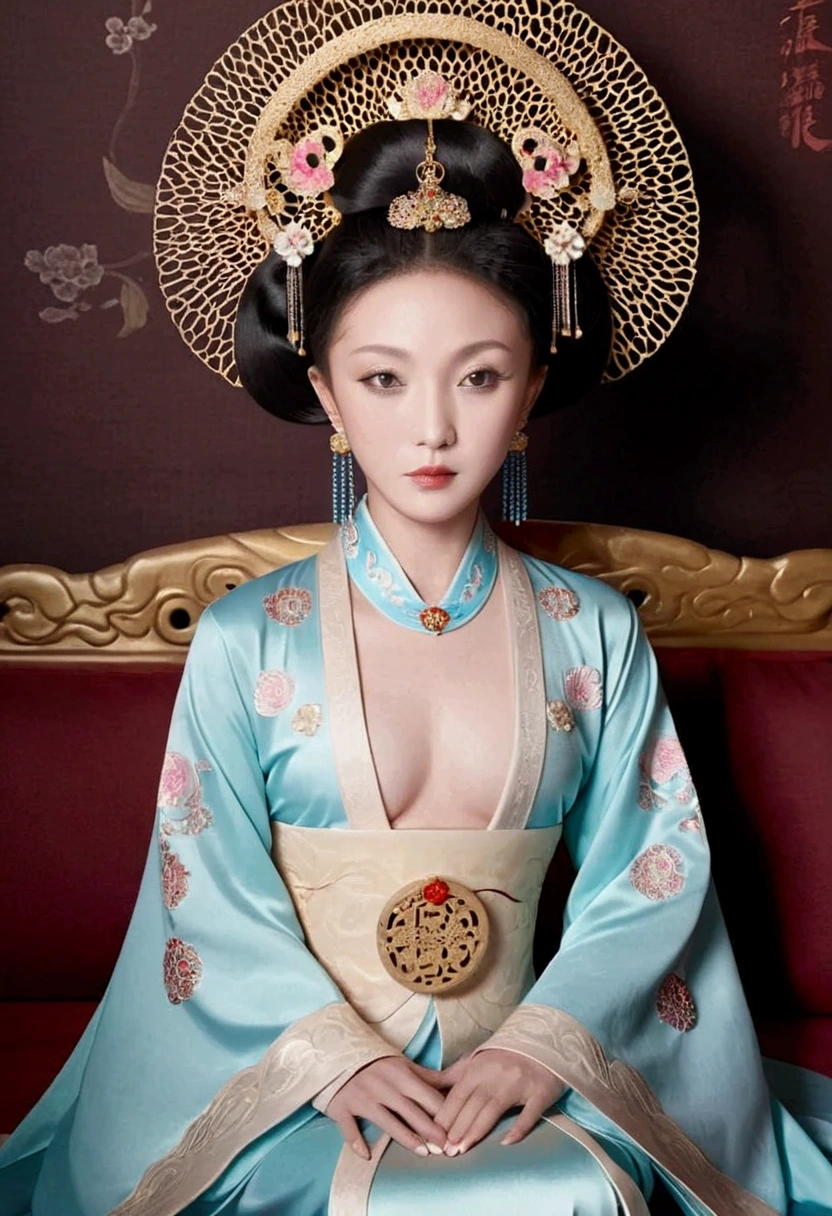 A gorgeous empress from the Chinese imperial court during the Qing Dynasty, fully naked on a large golden sofa, spreading one's legs open wide with knees bent,creating the shape of the letter M(Porn Pose) A gorgeous Chinese imperial empress with her hair tied on both sides and wearing a crown、Background of kinky and erotic woman tying her hair、The story is set in the luxurious rooms of an empress in the Chinese imperial court during the Qing dynasty.。