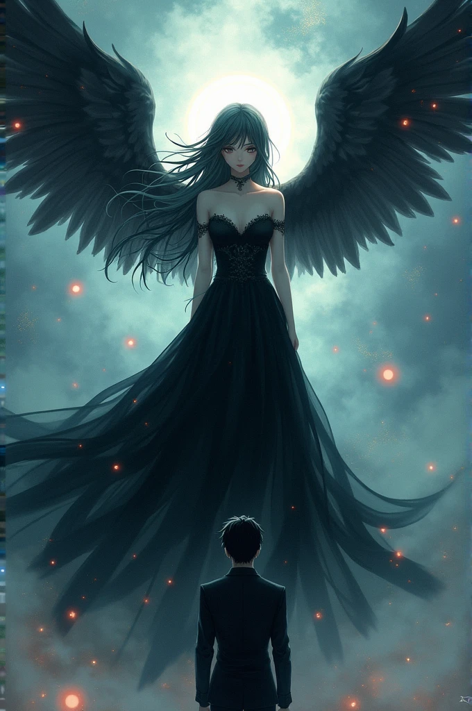 A anime woman angel in a black dress standing in front of a guy