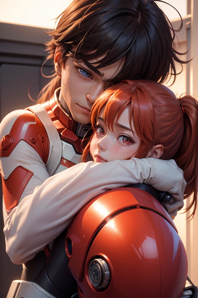 1girl, 1men, evagelion, akari shinji, asuka langley, tears in eyes, cute smile, plugsuits, 4k, 8k, detailed lips, detailed eyes, high details, high resolution, best resolution, best details, couple, hugging each other, love,