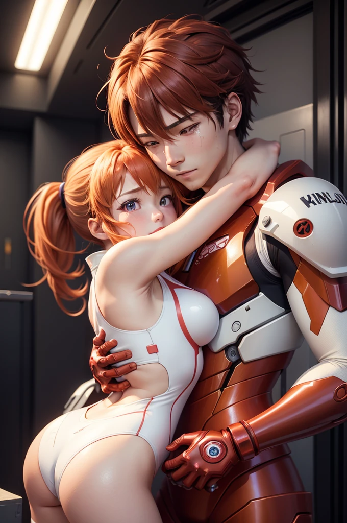 1girl, 1men, evagelion, akari shinji, asuka langley, tears in eyes, cute smile, plugsuits, 4k, 8k, detailed lips, detailed eyes, high details, high resolution, best resolution, best details, couple, hugging each other, love,