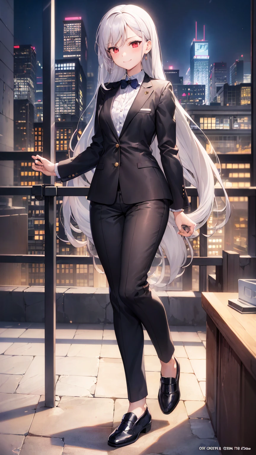 (masterpiece, top quality, best quality, official art:1.2), anime, 1 girl, full body, silver hair, red eyes, long hair, small breasts, formal wear, long black jacket, white shirt, long black pants, black socks, black shoes, modern cityscape, night, smile, masterpiece, 8k, high quality, detailed art