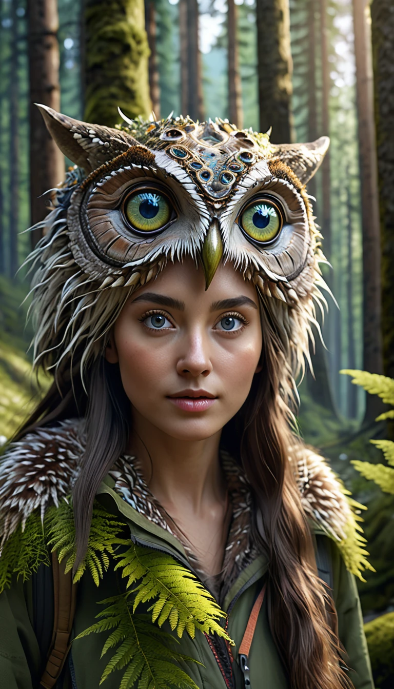 Panorama,In the mountains and forests,A creature with a human face and two pairs of eyes(best quality,4K,8k,High level,masterpiece:1.2),Ultra Detailed,(lifelike,Photo real,Photo real:1.37),Highly detailed animals,Complex patterns,Realistic lighting