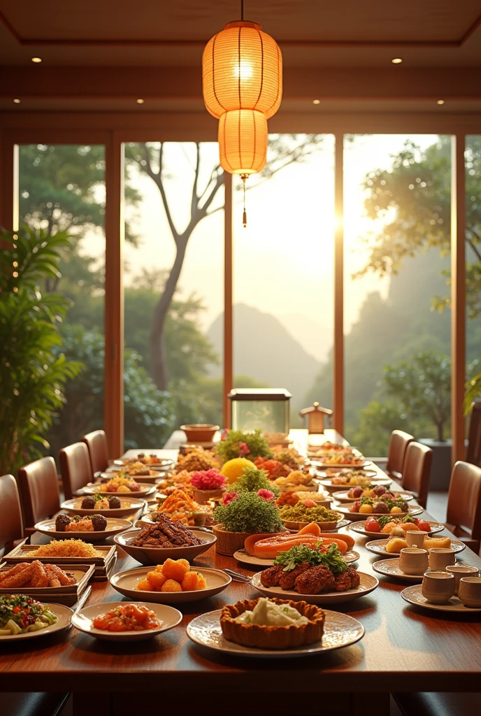 rich food. multi food. Royal. rich, food. panoramic windows. bright. Dawn. Light of the sun. Happy home. happy color. delicious home. interior design. modern Japanese mixed European style interior happy. bright color happy. Super detailed. Realistic. dream-like. High resolution. fresh and happy. interior design、詳細な広角building写真、居心地の良い現代的なliving room、award-winning contemporary interior design、landscape、Chair、in house、Wooden floor、window、dining room、East Asian architecture、Shoji screen、building、forest、nature、cup、plant、interior design、Depth of written boundary. Royal rich living room. dining. huge floor huge ceiling, perfect cozy room. Aesthetic Background. perfect anime room. korean food. ((masterpiece,最high quality,8K Ultra HD,Digital SLR,Soft lighting,high quality,Hyper Detail,Film Grain, Fujifilm XT3, UE 5 rendering 8k, super High resolution, supper detail:1.2,Droste Effect Photo, Macro photography, Cinema Lighting, interior design, Glossy floors)), living room. reflect. aquarium. big. tropical. luxury. luxuryで居心地の良いカフェ, たくさんのplant