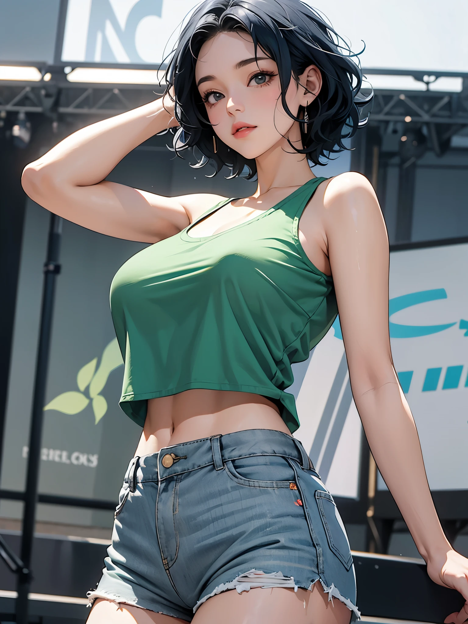 A fit young woman in her 20s. short curly blue hair, wearing a green tank top and grey shorts. on the stage. 카메라를 바라본다
huge boobs,she is walking .