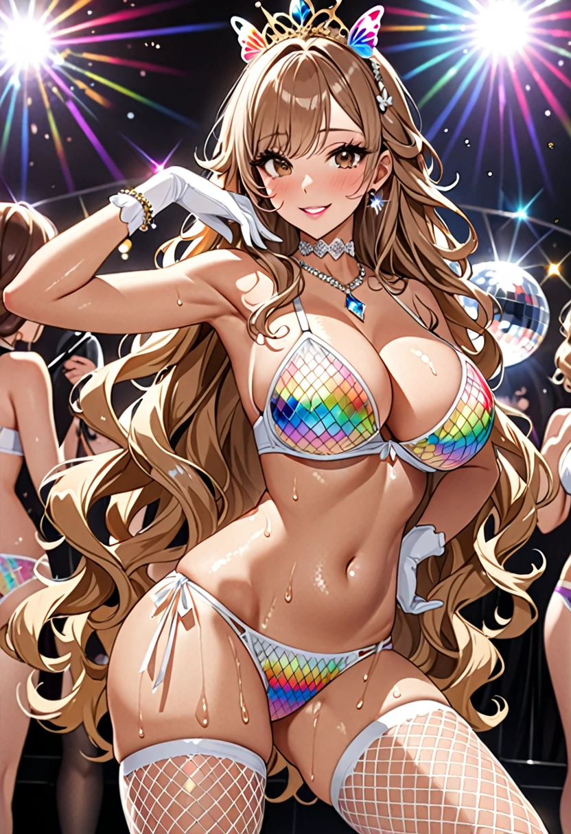 (Highest quality, Ultra-high resolution、The most complex and detailed depiction、masterpiece、8k, RAW Photos, Best image quality、Very detailedな顔、Attention to detail、Beautiful woman、Realistic、photo-Realistic、Very detailed, Beautiful attention to detail:1.5),(One adult woman:1.3)、(blush)、(Gal-style makeup、mascara 、eyeshadow、Dark eyeliner、Long and beautiful eyelashes、False eyelashes、double eyelid、heavy makeup、hostess、Brown eyes、:1.5)，(A bra with a pale rainbow gradient butterfly pattern、Light rainbow gradient butterfly pattern panties:1.5)、Gorgeous jeweled necklace、Gold bracelet、A gorgeous gold tiara studded with jewels、Sheer white lace dress、Mesh fabric、White fishnet stockings,White opera gloves、(A seductive smile),(under boob、Huge breasts)、(Cleavage:1.2)、(((Light brown hair、Wavy Hair、Long Hair)))、elongated nose、Face with gills、(Very tanned and shiny skin、Perfect Style)、Saggy breasts、Large saggy breasts、((Sweat、Your body is wet))、((Dim Club、pole dance、audience))、(Mirror ball)、Sleepy face