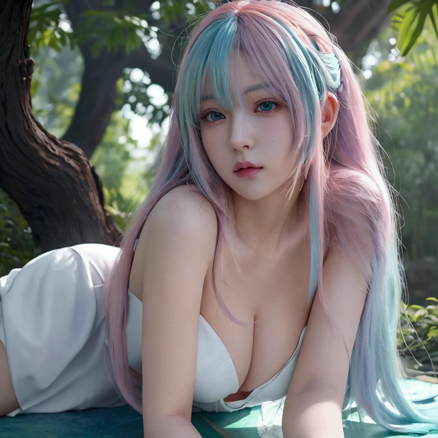 (VI-000020:1.2), (ultra photoRealistic:1.3), (masterpiece:1.4), 最high quality, ((Realistic)), high quality, Super detailed, ((Realistic anime face)), ((Realistic skin)), ((Realistic body)), ((Sexy pose)) (最high quality:1.1), (figure:1.05), (One person:1.05), (cute:1.05), (Beautiful attention to detail:1.05), (Cinematic Light:1.1), Light blue highlights, Pink hair all over, One person, cute tyrant portrait, Aqua Hair, Bright Eyes, White Dress, Temple, Viewer forest warcraft landscape view