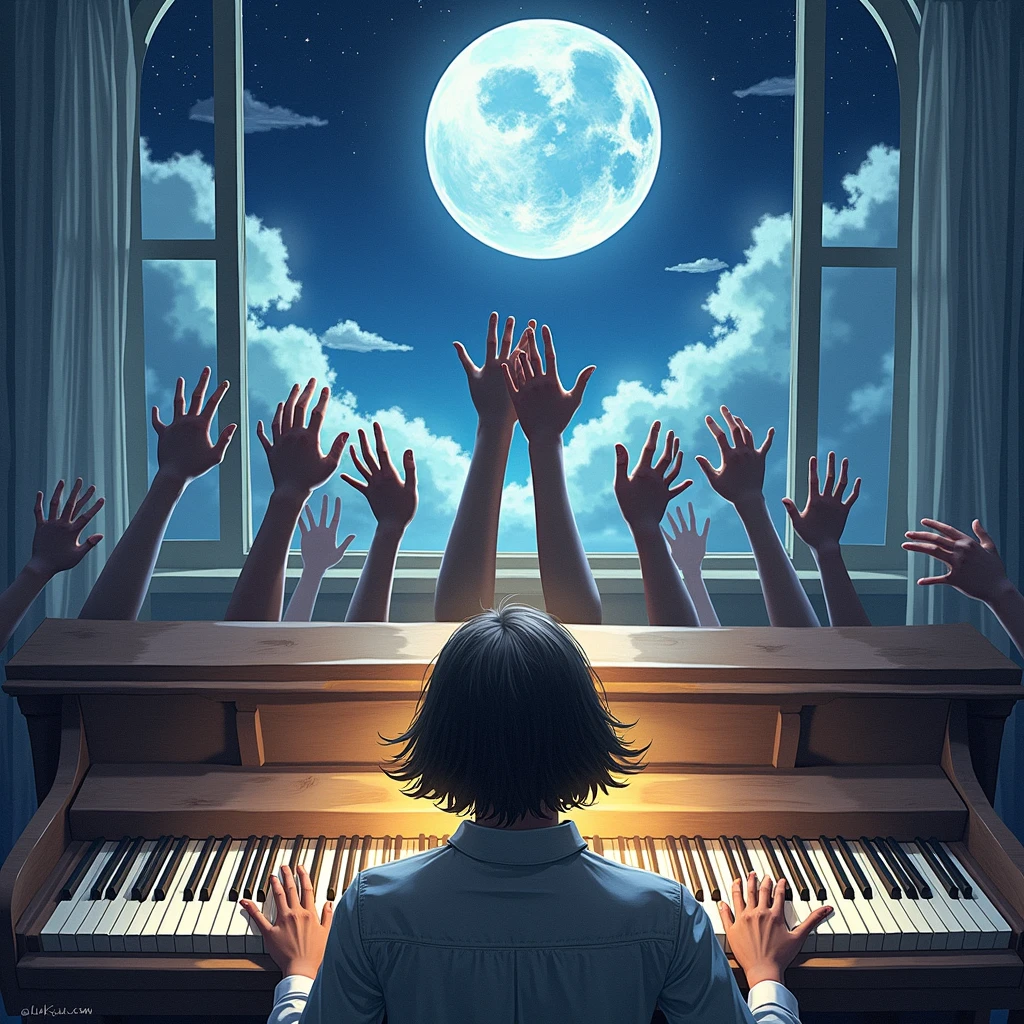  playing the piano and hands trying to catch the moon