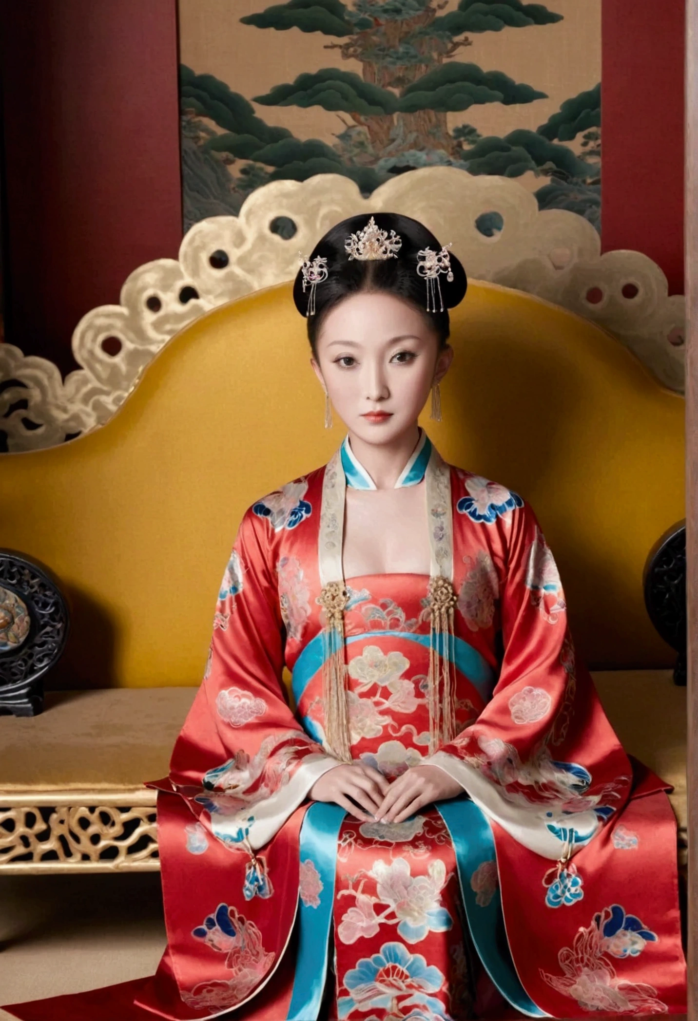A gorgeous empress from the Chinese imperial court during the Qing Dynasty, fully naked on a large golden sofa, spreading one's legs open wide with knees bent,creating the shape of the letter M(Porn Pose) A gorgeous Chinese imperial empress with her hair tied on both sides and wearing a crown、Background of kinky and erotic woman tying her hair、The story is set in the luxurious rooms of an empress in the Chinese imperial court during the Qing dynasty.。